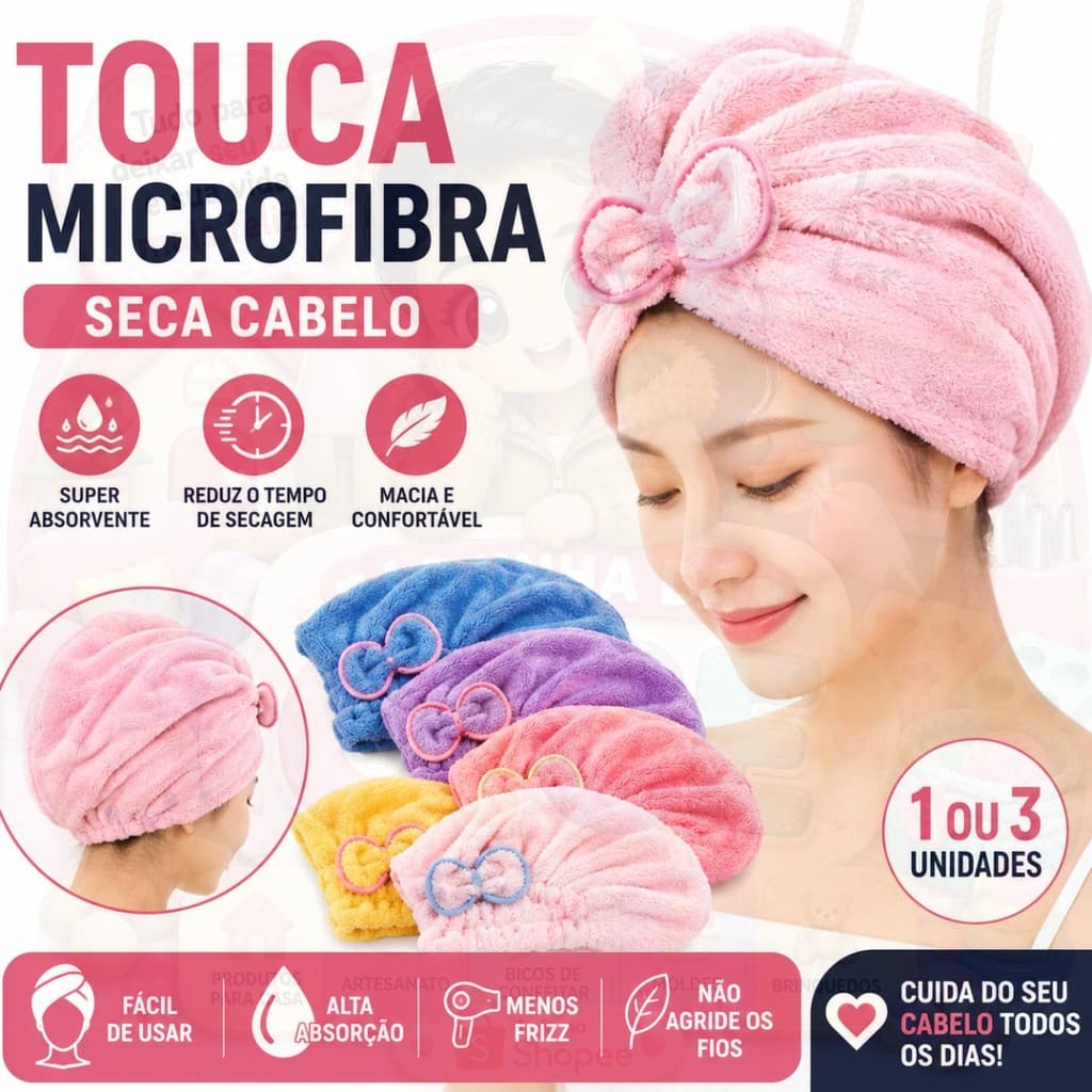Touca De Microfibra Seca Cabelo Super Absorvente Toalha Para Banho 1 Ou 3 Unidades