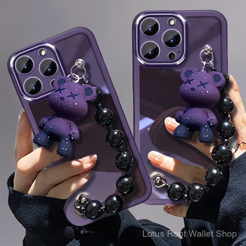 Adequado para capa de celular Apple 17, pulseira transparente com urso, capa protetora para iPhone 16 Pro Max, moda 14/1