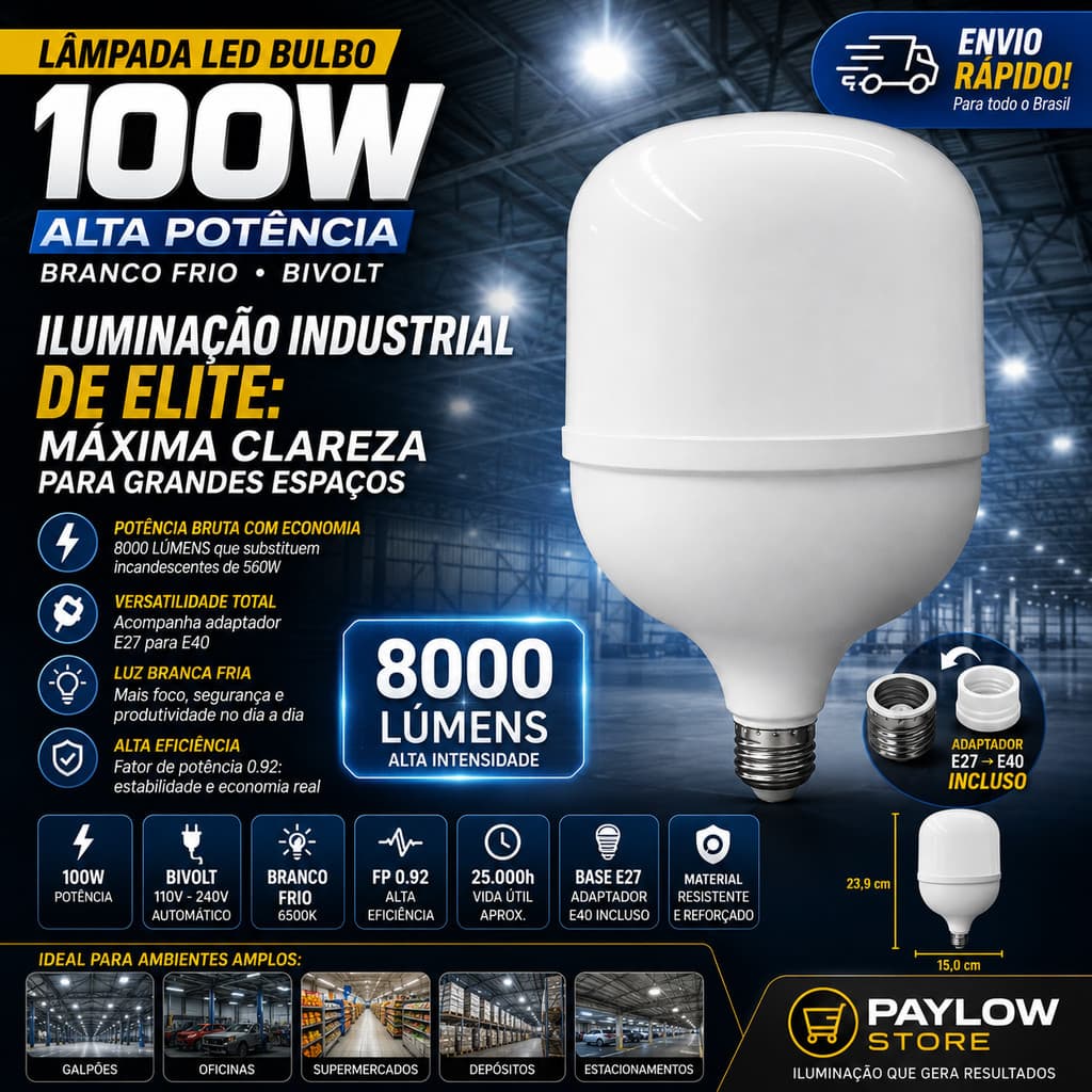 Kit 02 Lâmpada LED Bulbo 100W Super Branca Econômica Bivolt E27 Potente Alta Luminosidade Comercial Industrial Paylow