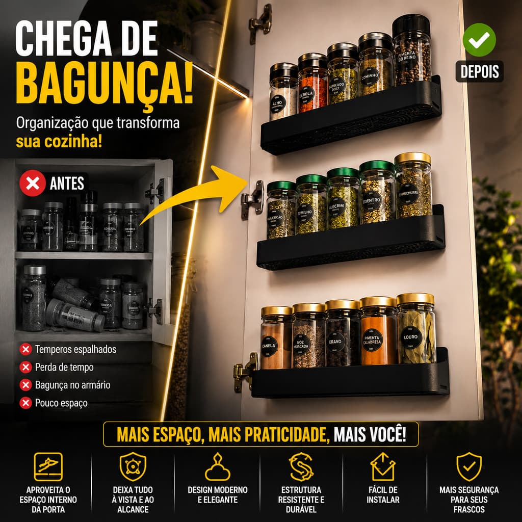 Organizador Porta Armário Para Temperos Suporte Condimentos Cozinha Kit 1 2 3 Unidades