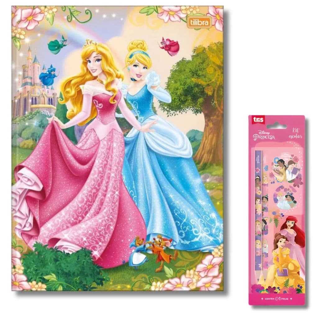 KIT 1 CADERNOS BROCHURA COM 80 FOLHAS PRINCESAS TILIBRA +  2 LAPIS DE ESCREVER, BORRACHA E APONTADOR