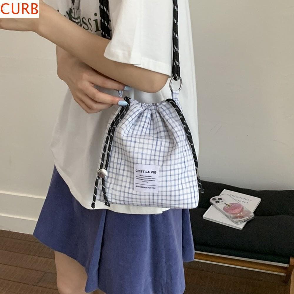 Bolsa Balde Com Cordão CURB , Crossbody De Nylon Coreana Casual , Bolsas Femininas Leves De Lazer Xadrez