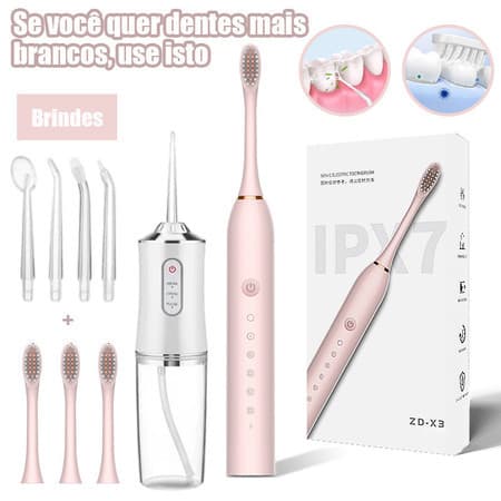 Kit Higiene Bucal 2 em 1 – Escova Dental Elétrica + Irrigador Bucal Portátil USB Recarregável
