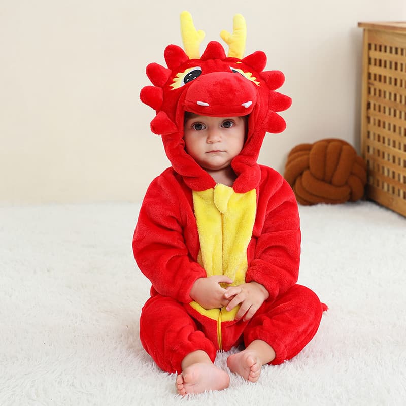 Macacão De Desenho Animado De Dragão Vermelho Para Bebê , Fantasia De Animal Com Capuz De Flanela Macia , Pijama Cosplay