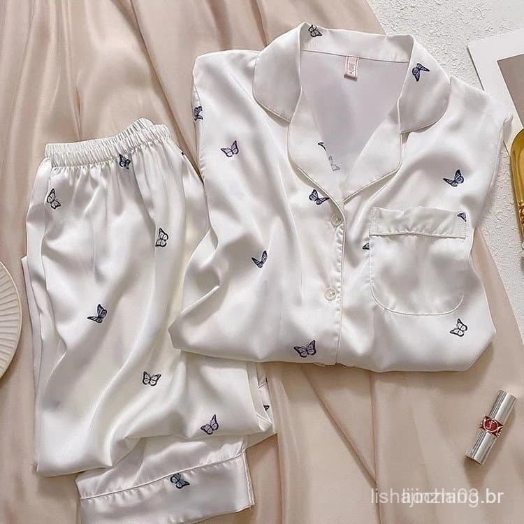 Pijama de Seda Fino para Primavera e Outono, Manga Longa, Confortável para Uso Doméstico GC51 5HDX