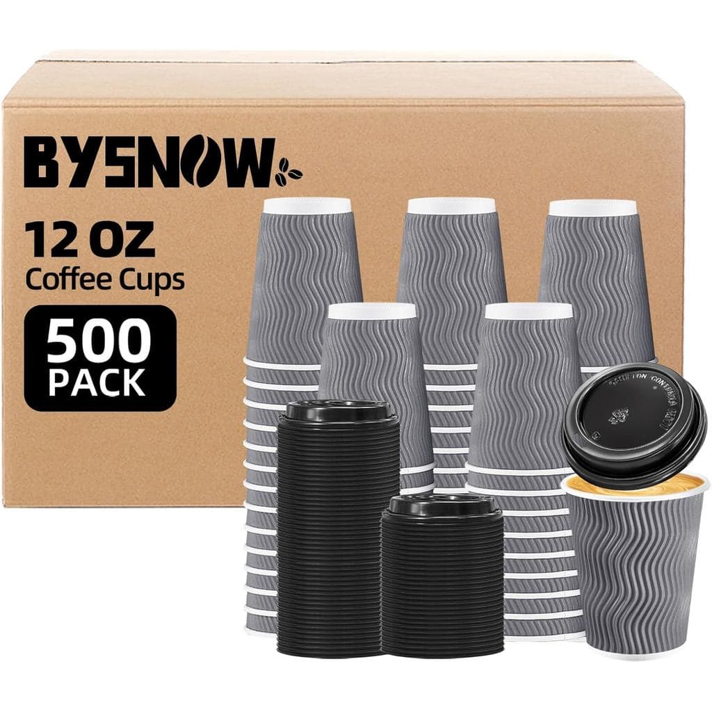 Pacote com 500 Copos de Café Descartáveis de 12 oz com Tampas, Copos de Papel Isolados para Bebidas Quentes e Café, para
