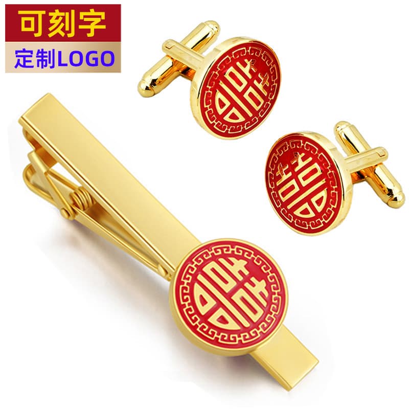 Palavra feliz gravata clipe broche abotoaduras vermelho duplo dourado terno masculino camisa casamento noivo francês man