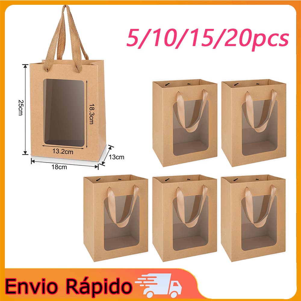 Conjunto de 5 sacos de presente em papel kraft com janela transparente