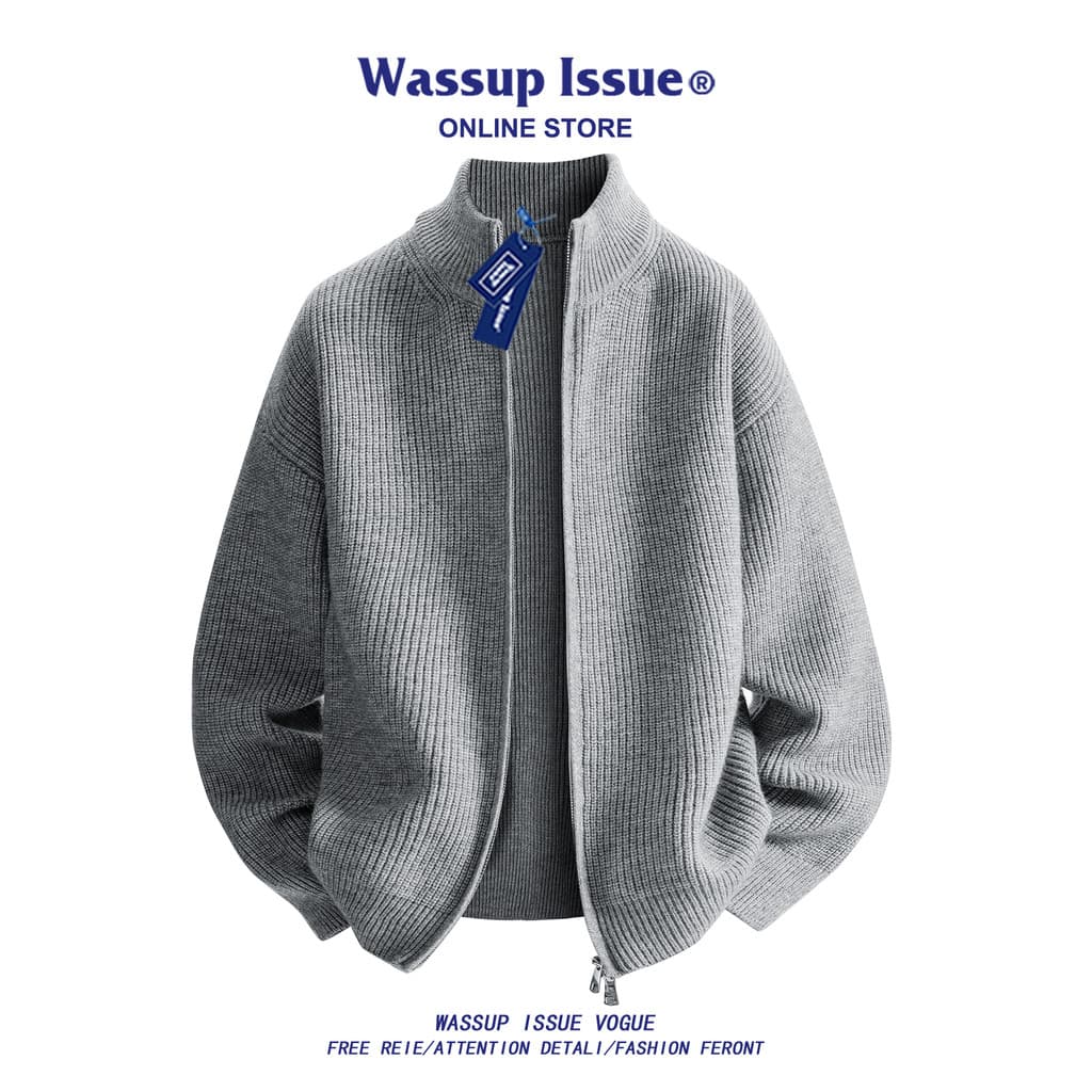 WASSUP OUTRO Estilo de Dinheiro Antigo Pesado Zíper Duplo Simples Cardigan de Malha Primavera Outono Estilo Preguiçoso J