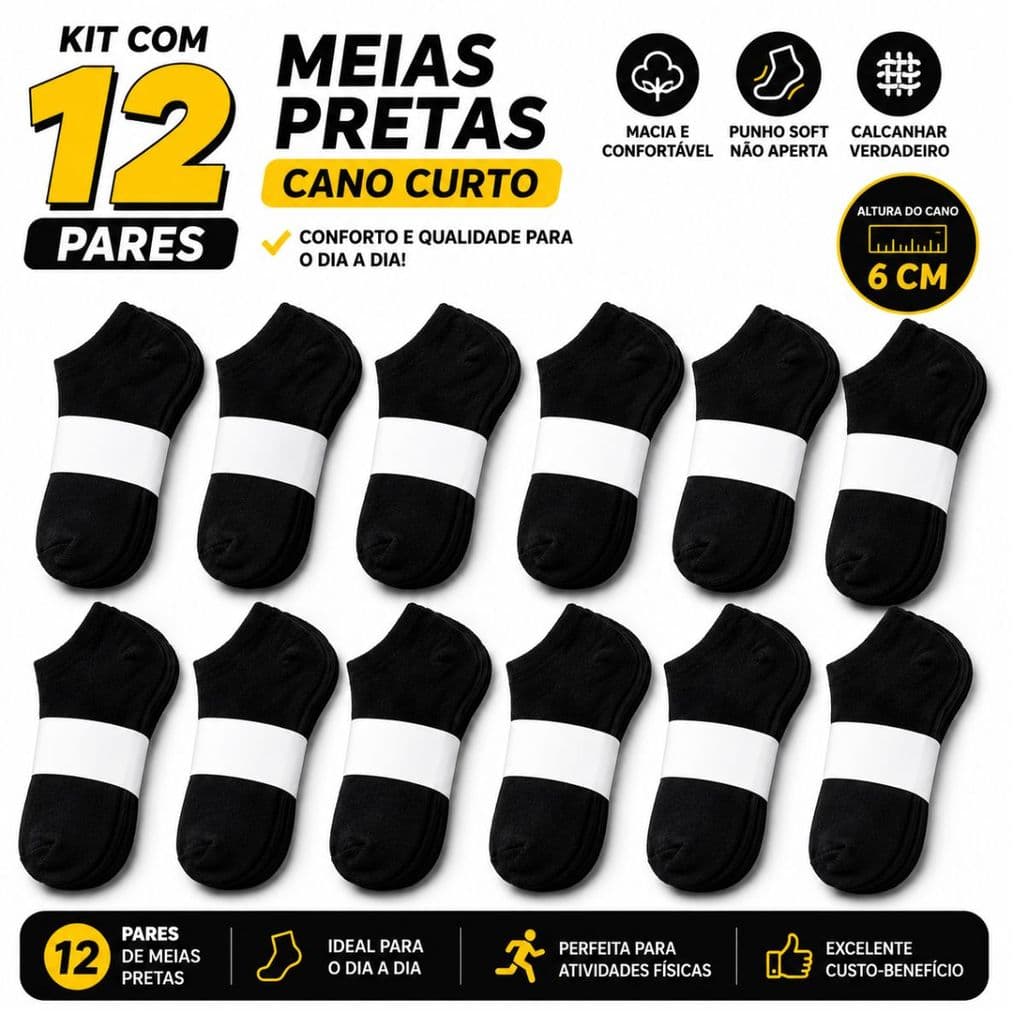Kit 12 Pares Meias Pretas Cano Curto Confortáveis Dia a Dia