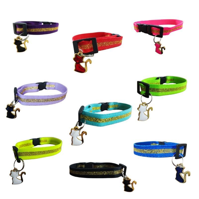 Kit 10 Coleira Para Gato Pet Anti Enforcamento Cores Variadas Lisa Com Brilho Com Pingente de Gato