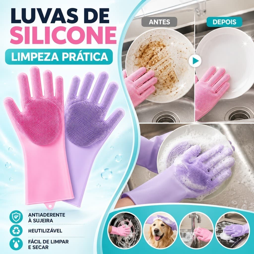 Par De Luvas De Silicone Limpadora Multiuso Com Escova Para Cozinha Banheiro E Pet