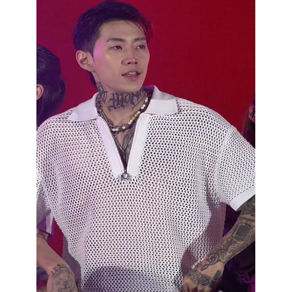 Park Jae Fan Mesmo Estilo Oco Malha polo Camisa Masculina Lapela V Profundo Moletom de Manga Curta Malha Transparente Sw