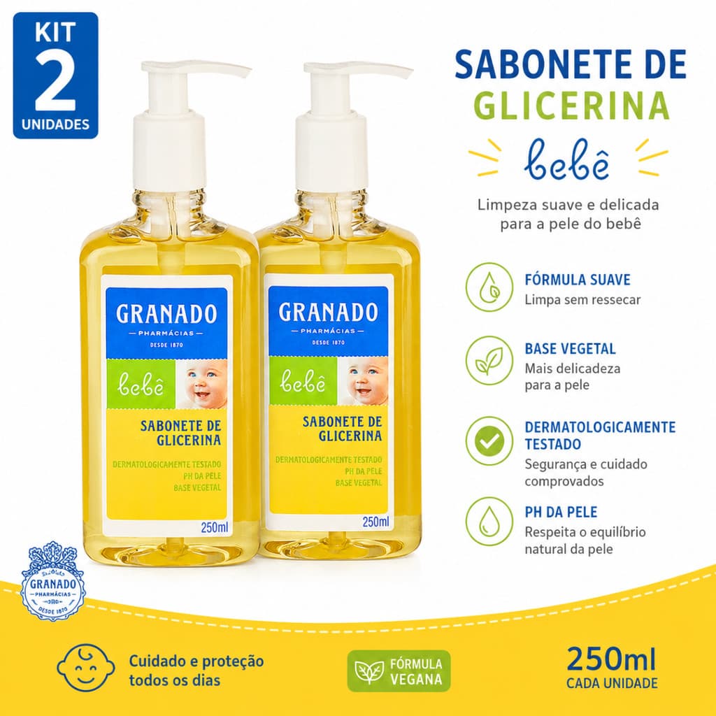 Kit 2x Sabonete Líquido de Glicerina Granado Bebê 250ml  Suave Hidratante e Seguro para Uso Diário