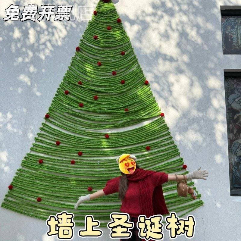 Loja de natal janela de parede fio de lã grosso artesanal diy bola de lã árvore de natal atmosfera foto relógio decoraçã