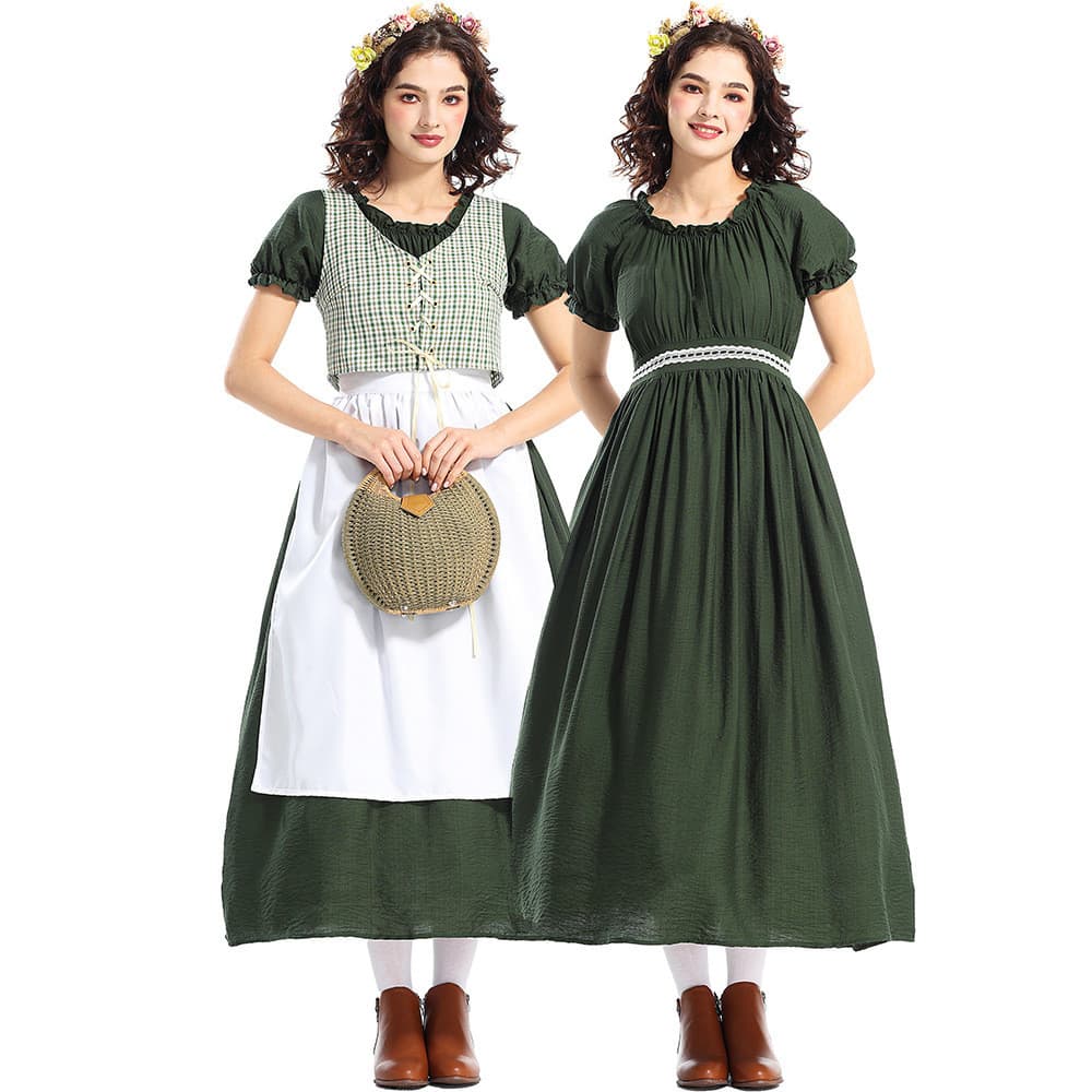 Traje de Halloween Prairie Colonial Verde Escuro Pastoral Vestido Xadrez Pioneer Terno Victoria Terno Medieval