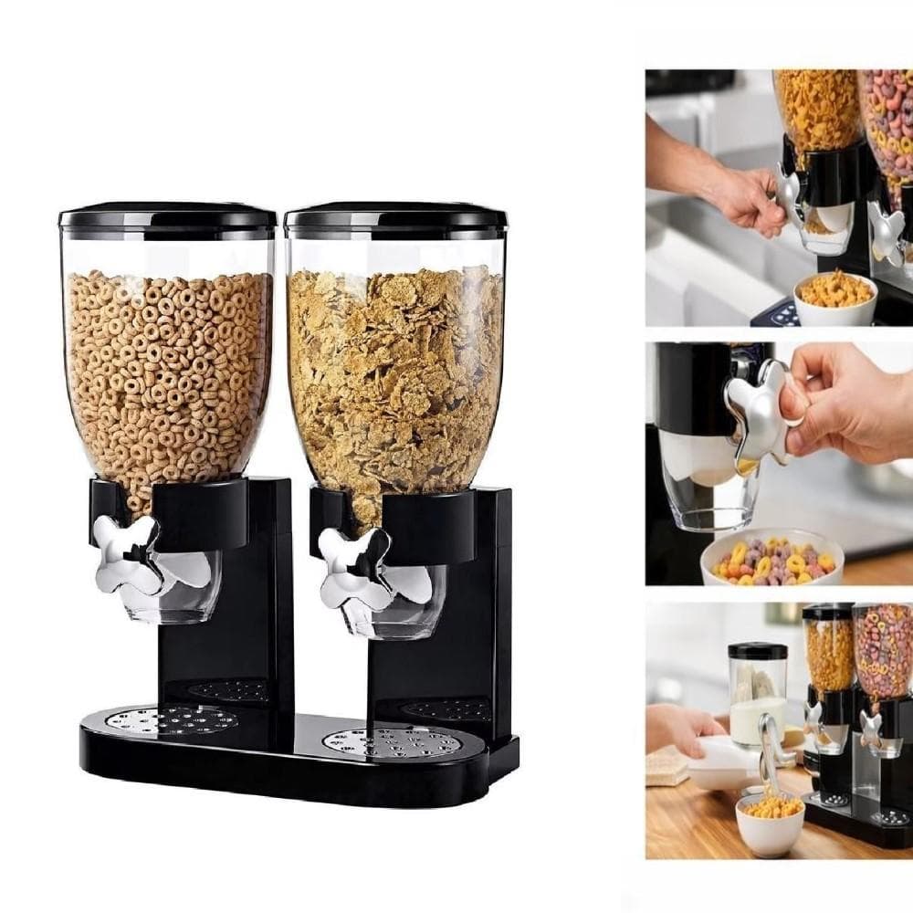 PORTA CEREAIS MANTIMENTOS DUPLO DISPENSER ALIMENTOS ACRILICO GRAOS SECOS MESA BANCADA COZINHA 2 POTES HERMETICO