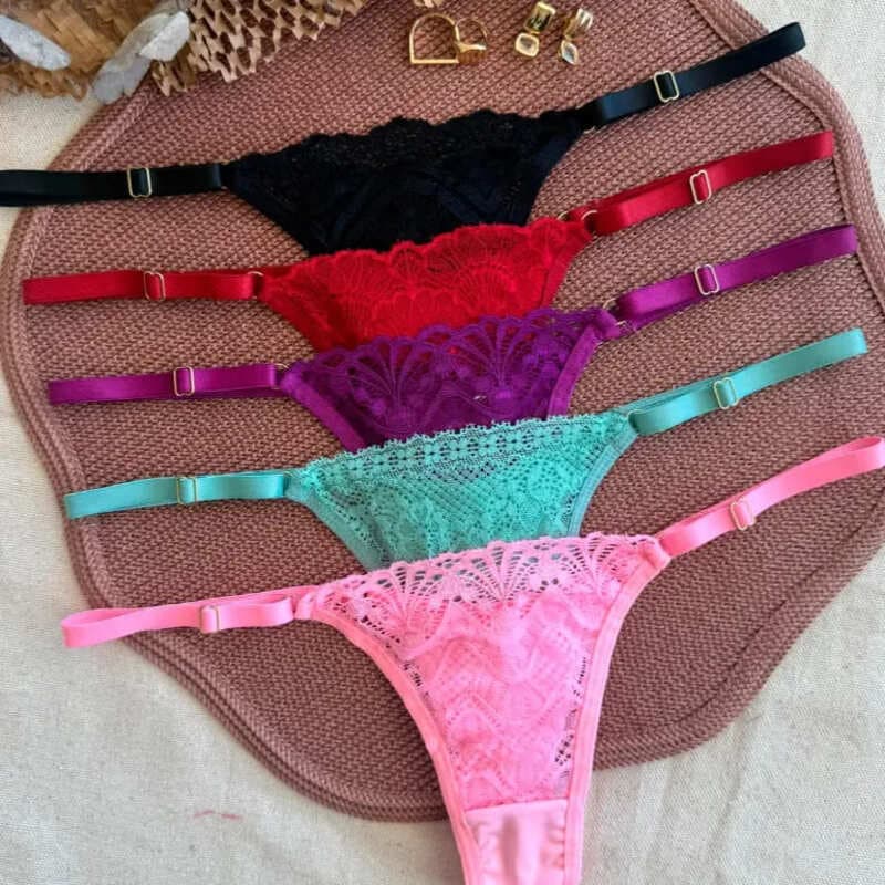 Kit Calcinha Fio Duplo Feminina com Renda Sensual e Ajuste Regulável nas Laterais
