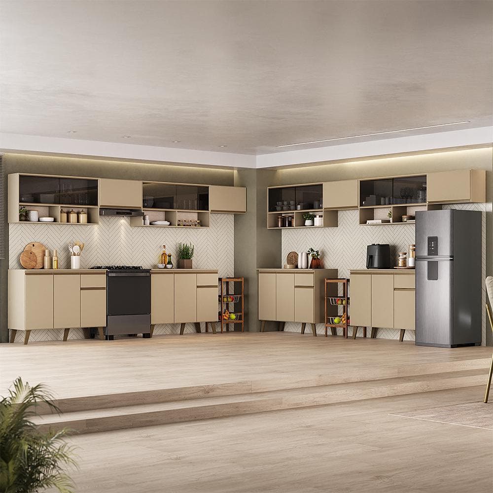 Armário de Cozinha Completa Atlanta Link com Vidro Carraro Amêndoa