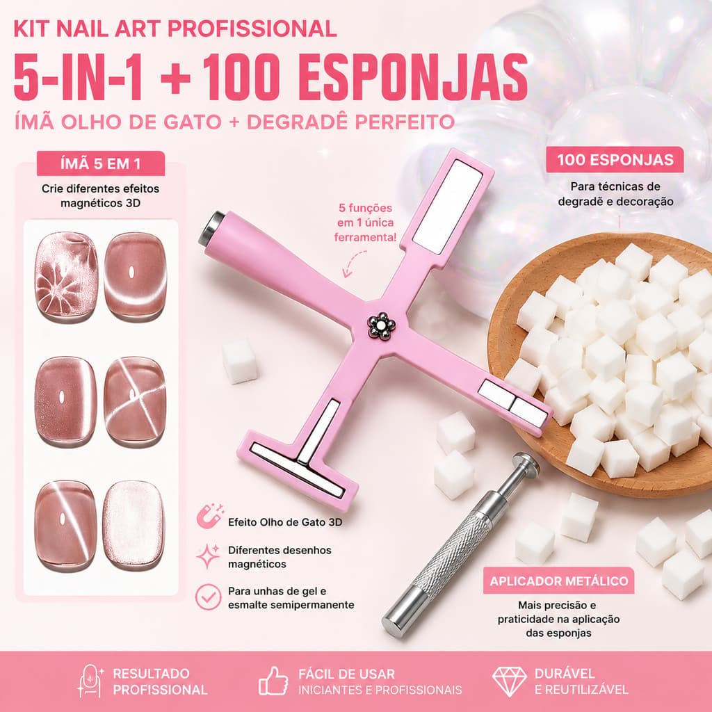 Kit Nail Art Profissional Ímã 5 em 1 Olho de Gato + 100 Esponjas para Degradê com Aplicador Metálico
