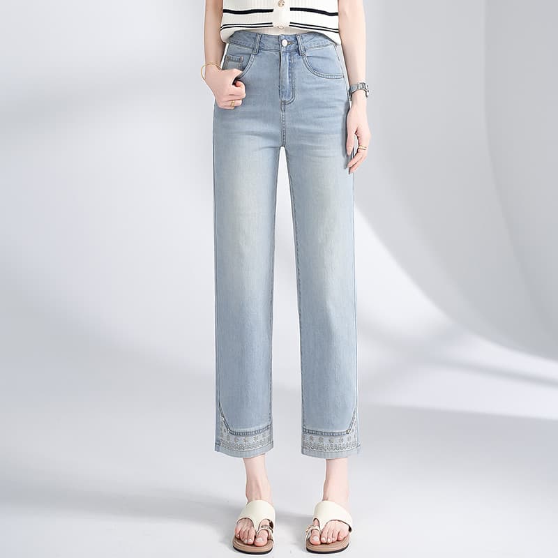 Retro calças de brim retas femininas verão 2026 novo estilo moda algemado bordado tornozelo comprimento calças mais magr