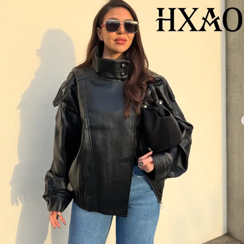 Jaqueta Feminina de Couro Sintético HXAO, Casaco Curto, Jaquetas Bomber para Mulher, Agasalho de Inverno Solto, Jaquetas