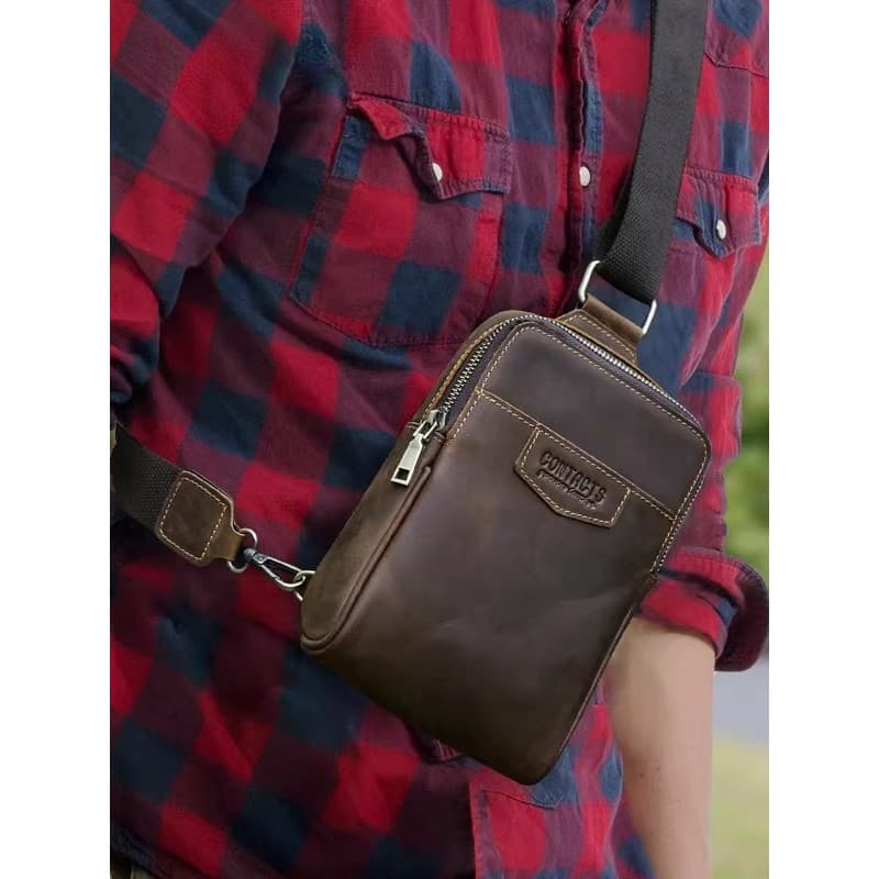 Primeira camada de couro moda Casual saco do telefone móvel masculino saco do mensageiro viagem ao ar livre na moda rufi
