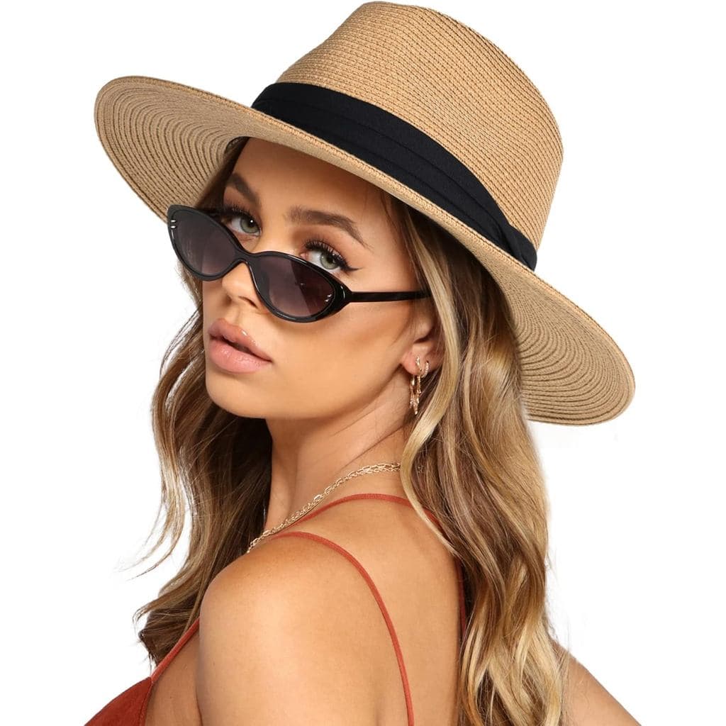 Chapéu Panamá de Palha com Aba Larga FURTALK para Mulheres e Homens, Chapéu Fedora de Verão para Praia, Chapéu de Palha