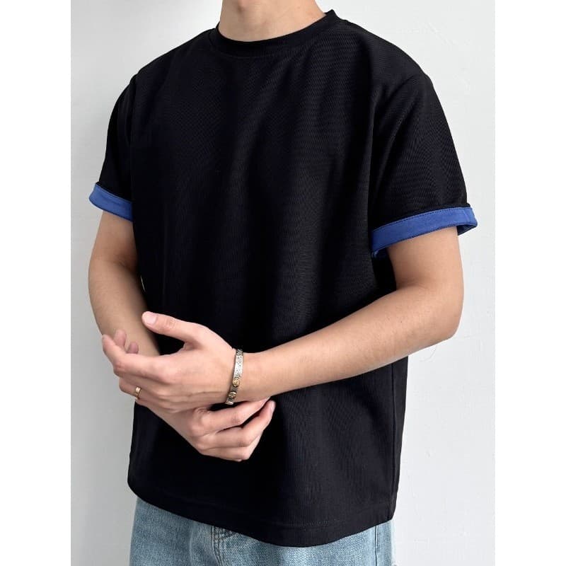 ONUN Retro contraste cor em torno do pescoço genuíno ombro camiseta verão novo estilo cleanfit solto Casual manga curta
