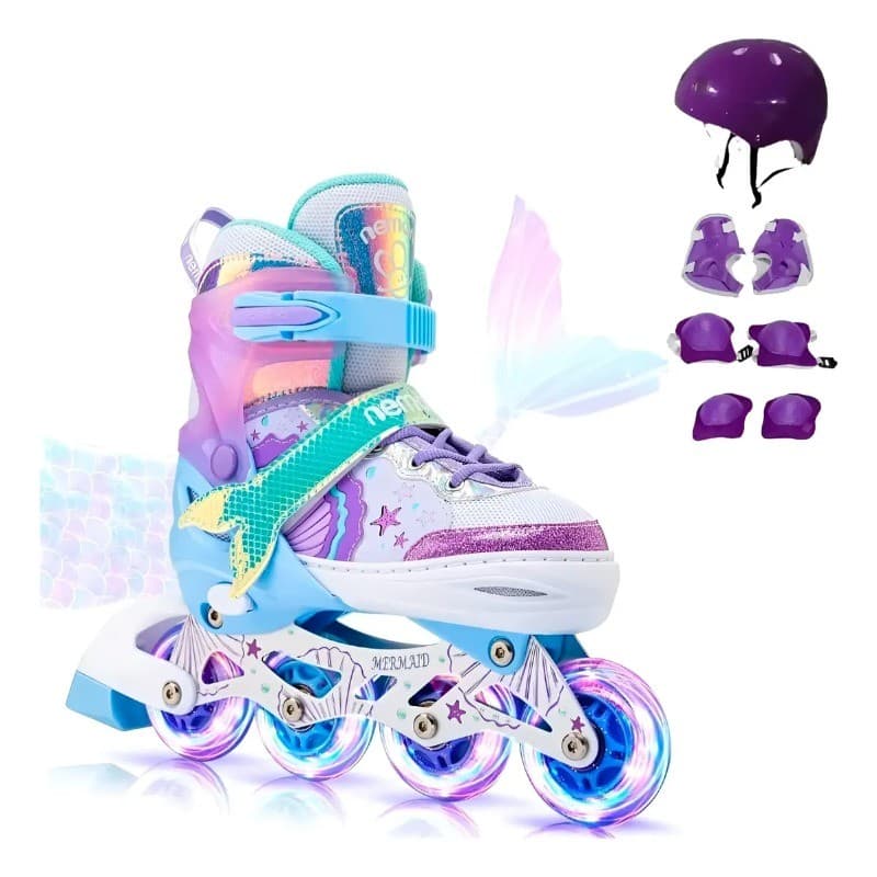 Patins Roller Sereia Com Led Roxo + Kit Proteção