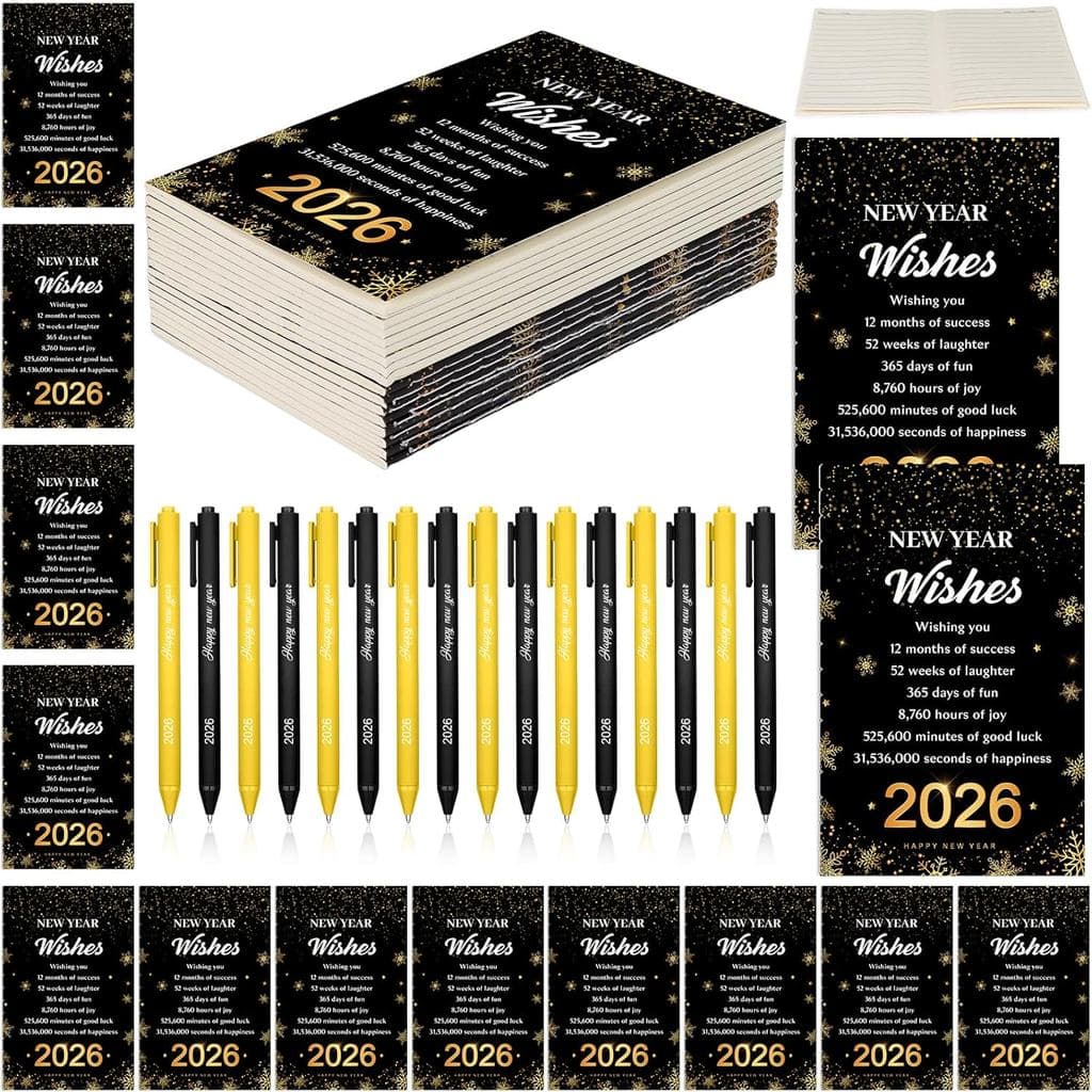 16 Conjuntos de Presentes de Ano Novo Feliz 2026, Canetas de Ano Novo Feliz com Caderno Inspirador, Suprimentos para Fes