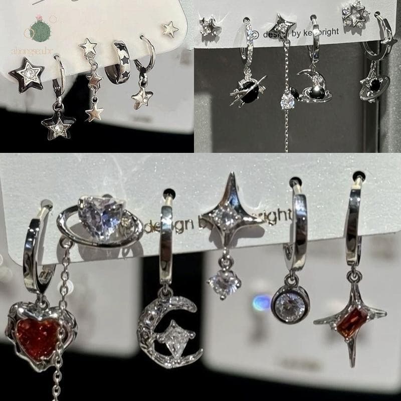 Conjunto de 6 peças abongsea de brincos com pingentes de cristal em formato de coração, lua, cruz e estrela, com estétic