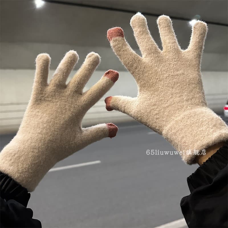 Bonito luvas de cor sólida feminino inverno estudante equitação engrossado quente à prova de frio versão coreana casal t