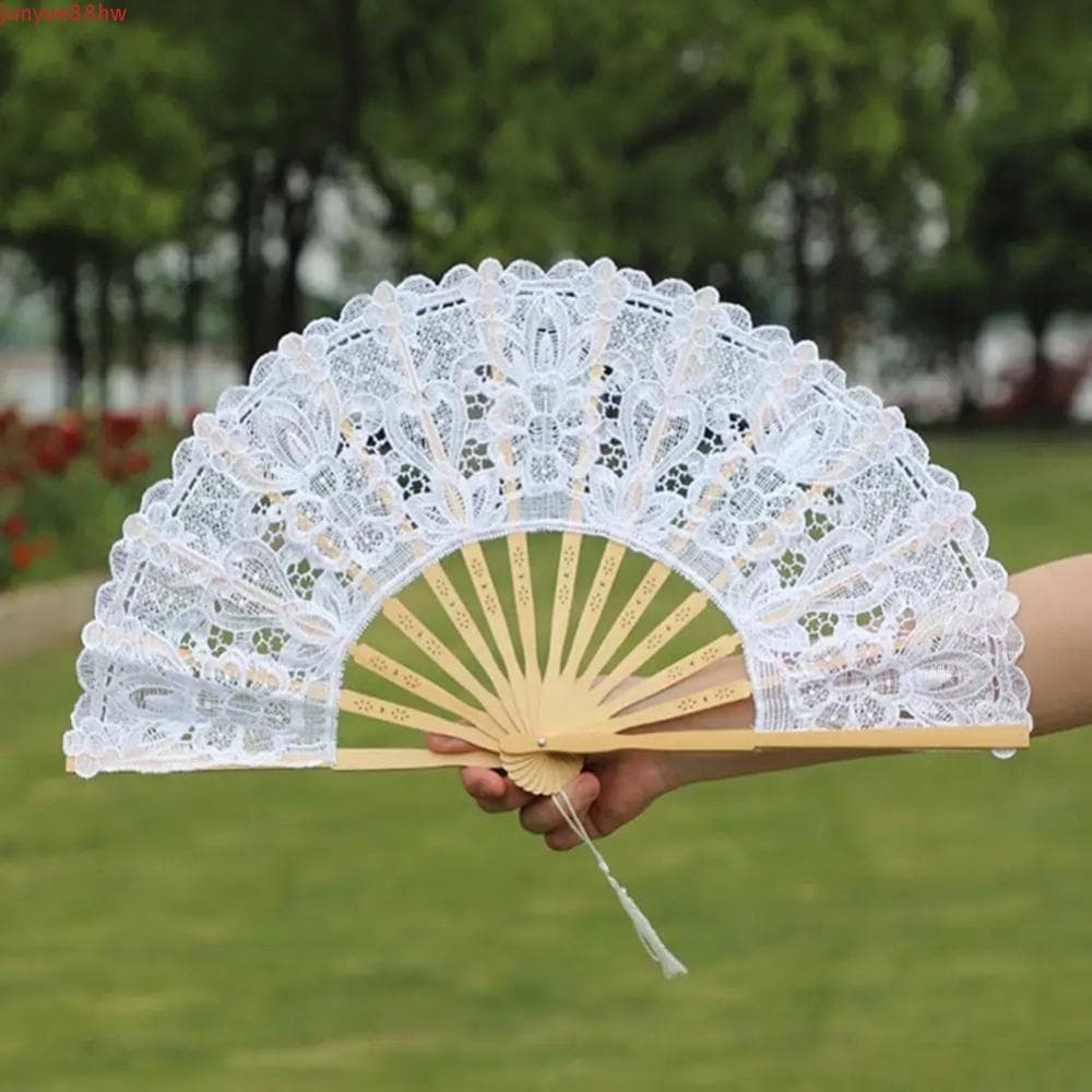 Ventilador Portátil JUNYUE , Elegante Dobrável De Renda Vintage , Com Fresco De Bambu Borla