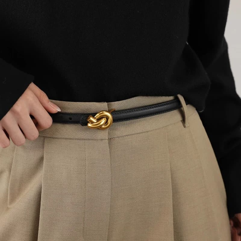 Cinto feminino couro genuíno premium fivela nó metálica, acessório elegante para combinar vestidos e jeans