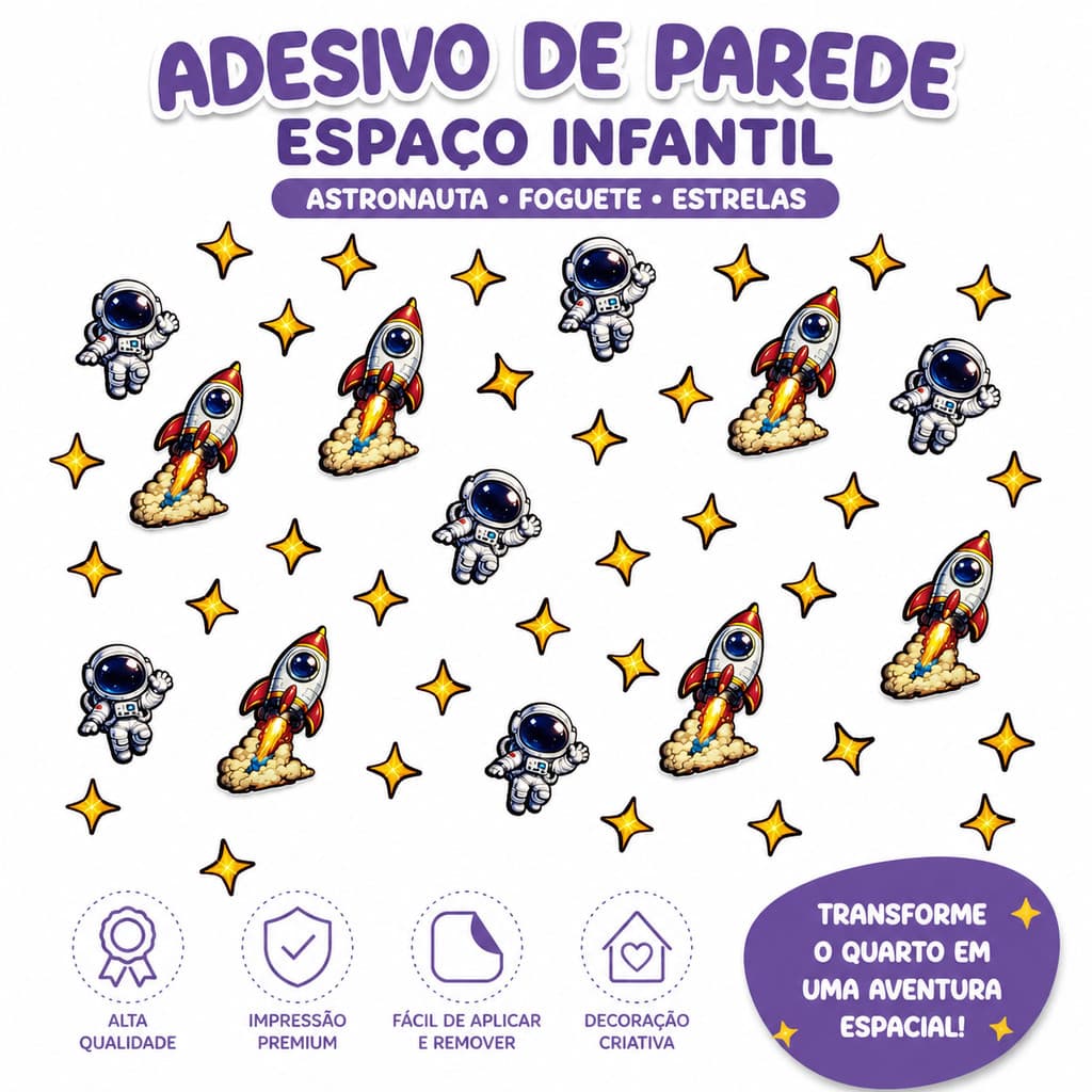 Adesivo de Parede Espaço Infantil Astronauta Foguete Estrelas Kit Decorativo Quarto Autocolante