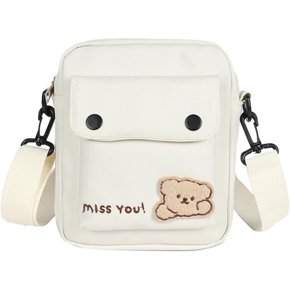 Bolsa Transversal Love Bear, Bolsa de Ombro de Nylon para Mulheres, Uso Diário e Viagens, Branca 2FFG
