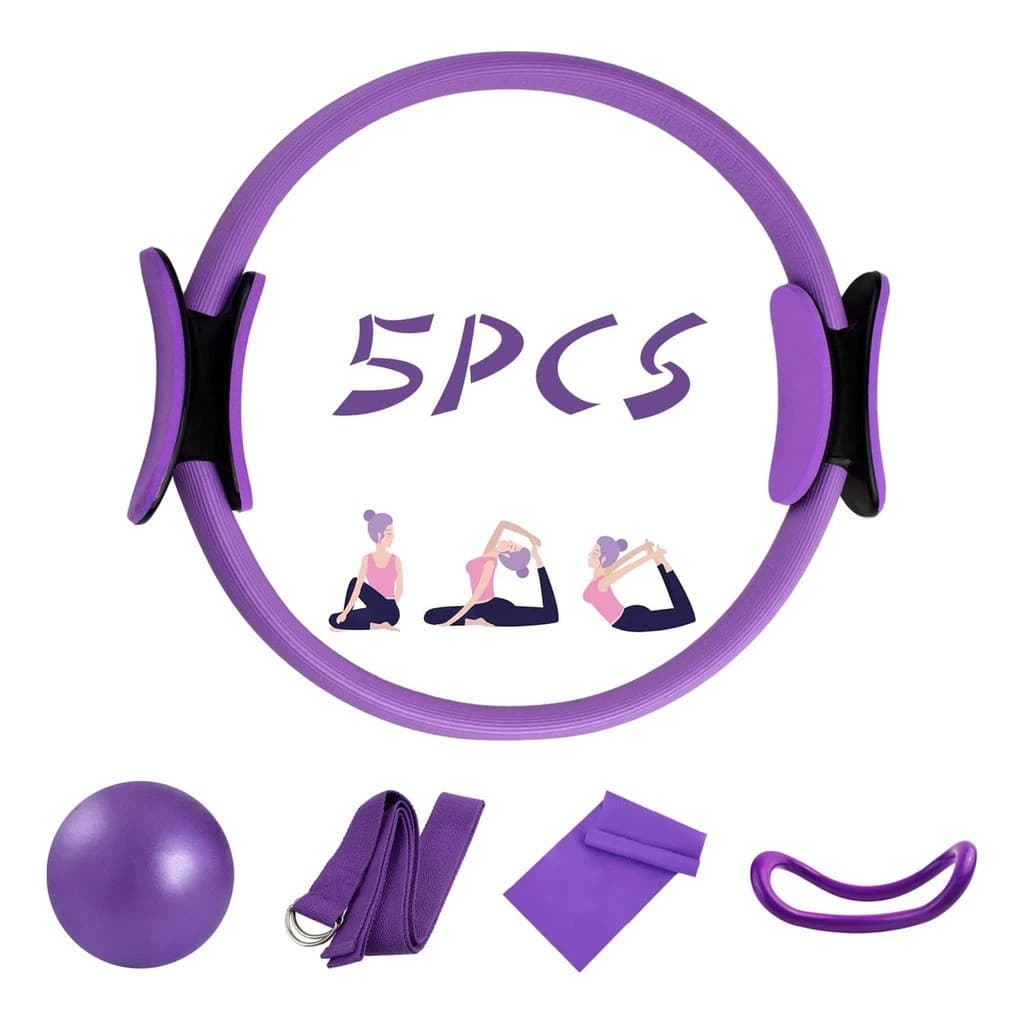 Kit Yoga Pilates 5 Peças treino Funcional Anel Pilates Faixa Elástica Acessórios para Alongamento