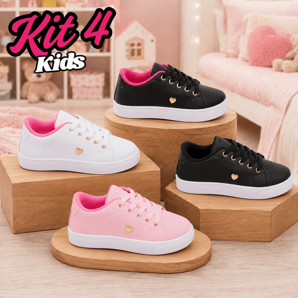 Kit 4 Pares Tênis Infantil Menina Criança Preto Rosa Para Escola - Do 26 ao 33 Envio em Até 12H