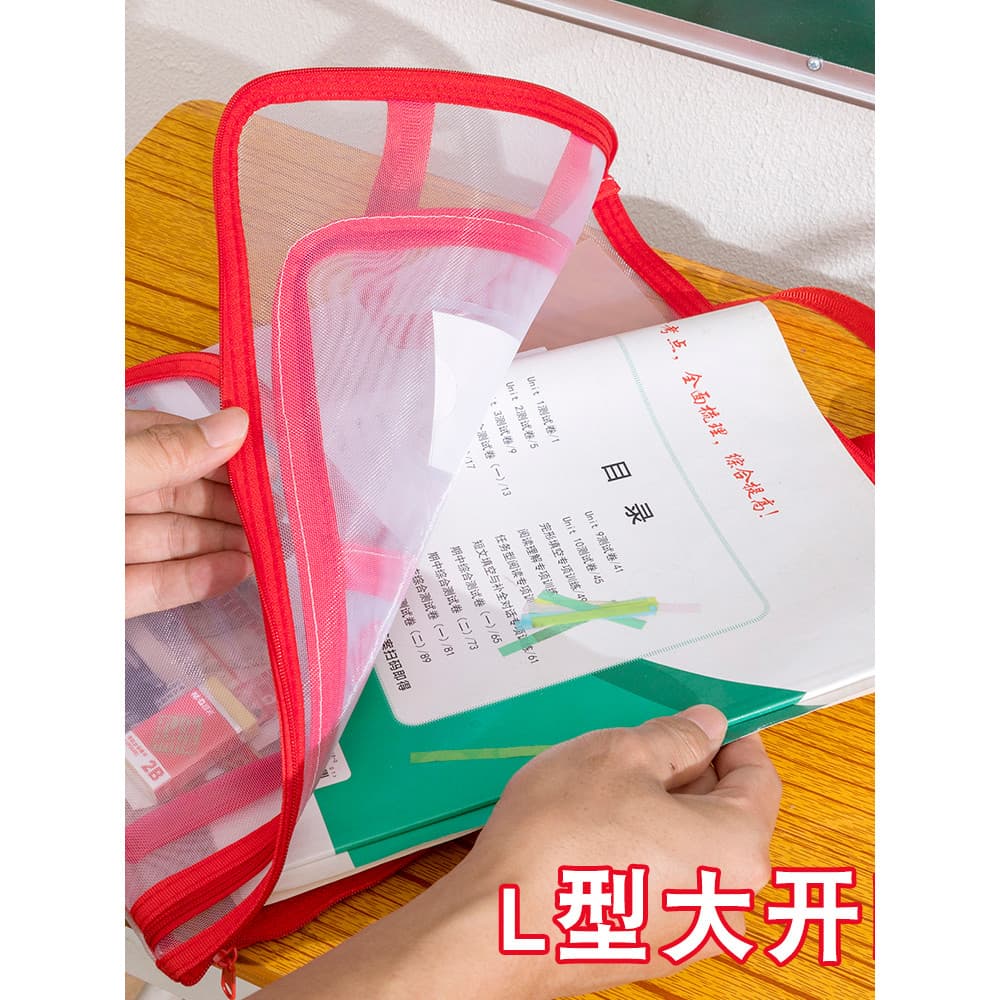 Bolsa de arquivo de gaze transparente de grande capacidade em forma de L Bolsa de informações com zíper portátil de gran