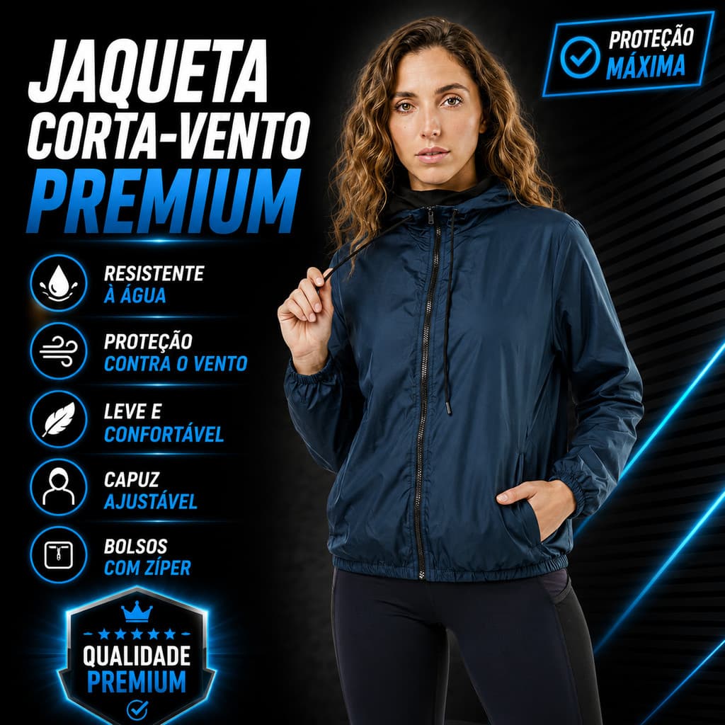 Jaqueta Corta Vento Femininina Sport Térmica UV50 Azul Marinho Capuz