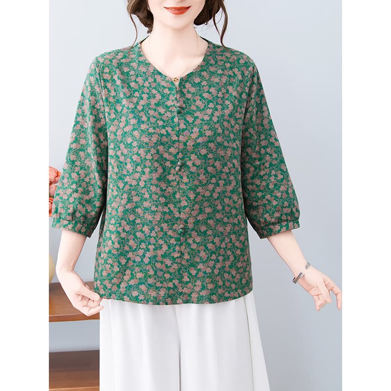 Mulheres verão Retro algodão linho manga de três quartos camiseta feminina solta Floral pequena camisa feminina impressa