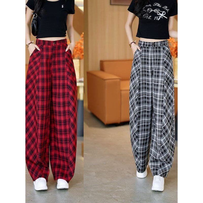 Calças femininas estilo de venda quente 2026 novo estilo verão estilo solto calças casuais femininas cintura alta xadrez