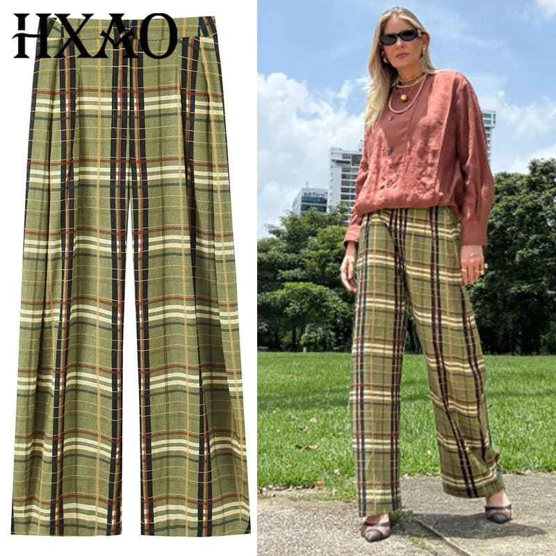 Calças Femininas HXAO 2025, Moda de Outono, Calças Largas Xadrez Elegantes, Cintura Alta, Pernas Largas, Calças Casuais