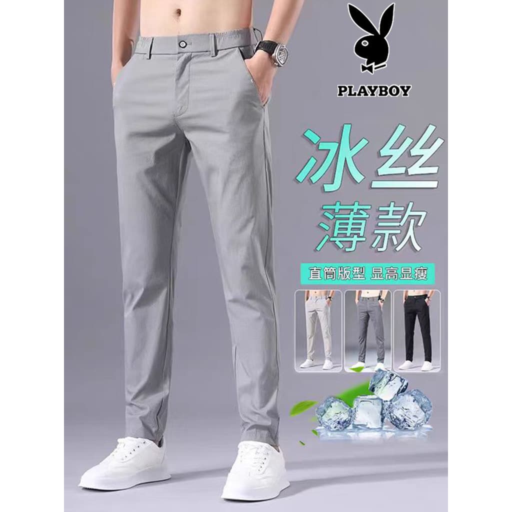 Playboy calças casuais masculinas verão fino calças de seda gelo 2026 novo estilo em linha reta terno de negócios calças