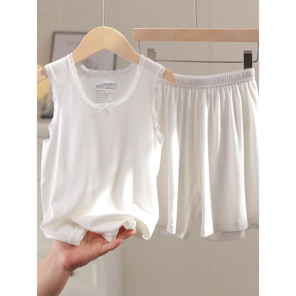 Mipink Fruit Lace Modal Meninas Colete Shorts Terno Meninas Pijama Branco Fino