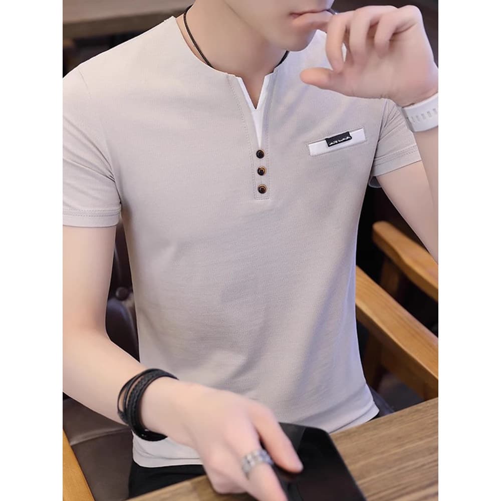 Com decote em V fino-ajuste de manga curta masculino 2026 verão novo estilo camiseta masculina novo estilo topo jovens S