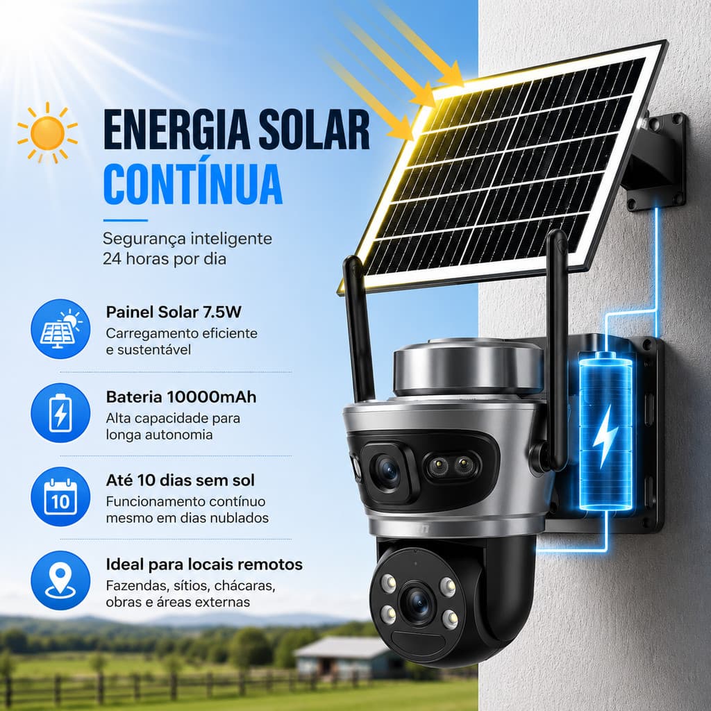 Câmera Segurança Solar 4G PTZ Dupla Lente Full HD Visão Noturna Yoosee 10000mAh