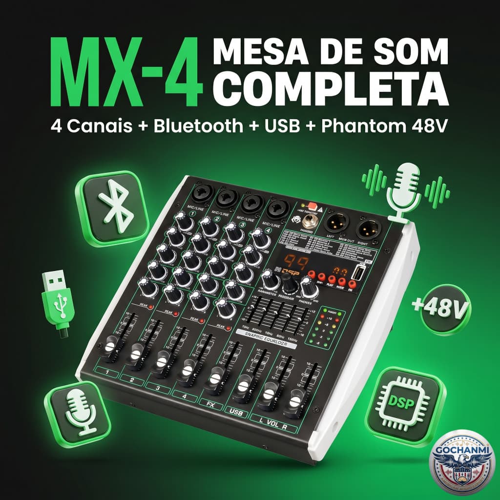 Mesa de Som Profissional 4 Canais MX4 USB Bluetooth Para Som Ao Vivo