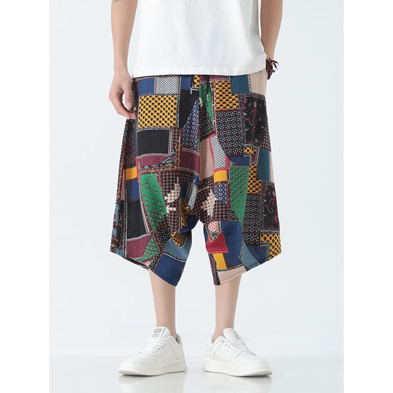 Verão fino flor calças cortadas masculinas estilo chinês solto tamanho grande baixo-End calças largas Retro estilo étnic